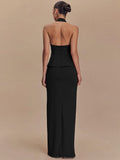 Backless Sexy 2 Piece Sets Women Solid Square Collar Halter Tops And Long Skirt Female Slim Fit Club Two Piece Sets