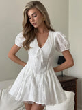 Trendix Yellow Elegant Dress Women Summer Sexy Deep V Neck Lace Up Short Sleeve Dresses Street Casual Vacation Ruffle Mini Dress