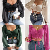 Woman’s Tops Puff Sleeve Sexy Close-Fitting Summer and Spring Lace up V-neck Fashion Solid Color Simple Long Sleeve Hot