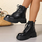 Pbong  Women's Black Platform Combat Boots Fashion Lace Up Zipper Pu Leather Short Boots Woman Thick Sole Non Slip Autumn Winter Shoes