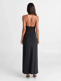 Halter Backless Sexy Maxi Dress Women Gown Mesh Patchwork Sleeveless High Waist Slim Elegant Long Dress Fashion