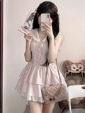 Pbong  Sweet Slim Pink Dress Women Cute Preppy Style Sailor Collar Mini Dress Casual Retro Japan Lace Patchwork Kawaii Cake Dress