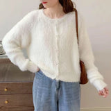 Flower Button Fuzzy Knit Sweater Cardigan Warm Fluffy Button-up Crop Sweater Jacket Knitwear Teen-girl Fall Winter Cute Outfit