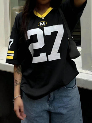 Women's Summer V-Neck Loose Casual Numeric Print T-Shirt Graphic Tee  Tops Loose And Breathable Sports Jersey Trendy T-shirt