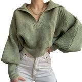Pbong  New Women's Faion Knitted Sweater Lapel Pullover Blouse Svel Autumn Season Other Material 00% Ladies Knitwear