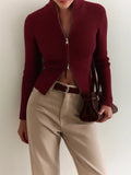 Zipper Stand Collar Slim Women Sweater Basic Solid Color Long Sleeve Knitting Tops Spring Fall Casual Ribbed Tight Jakcet Female