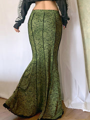 Goth Dark Fairycore Grunge Vintage Green Mermaid Skirts Gothic Aesthetic High Waist Women Sexy Long Skirt Ruffles Slim Partywear