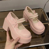 Pbong  Pink Thick Bottom Mary Jane Shoes Women Autumn New Sweet Pumps Fashion Pearl Retro Thick High Heel Loafers Women's Shoes