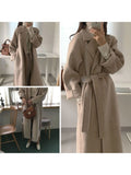 French Lazy Style Warm Female Fresh Winter Classical Belt Retro Loose Women Woolen Coats Chic Casual Long Coat Long