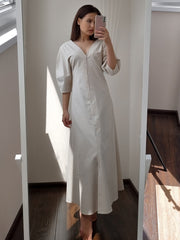 Elegant Beige Women Linen Dress Puff Sleeve Long Backless Button Dress Ladies V-Neck Cotton Dress Soft Fashion