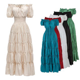 Elegant Medieval Renaissance Dress Boho Short Sleeves Off Shoulder Smocked Waist Retro Pleated Long Dress Costume Gown
