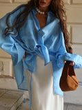Pbong   Turn-down Collar Pocket Women Blouses Blue Long Sleeve Single Breasted Blouses Female Autumn Loose Casual Streetwear