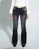 Vintage Distressed Low Waist Jeans Grunge Asymmetrical Waist Denim Pant Korean Fashion Black Flare Jeans Kpop Streetwear