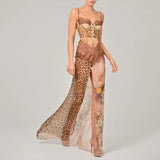 Leopard Print Sexy Maxi Dress For Women Lace Gown Patchwork Chiffon Sleeveless Backless Slit Dress Female Vacation Beach Dresses