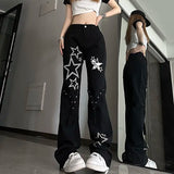 Pbong  Y2K Spider Web Denim Jeans Women's High Waist Slimming Loose Straight Leg Casual Long Trousers Trendy Gothic Style