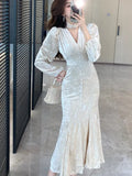 Women Autumn French Vintage Velvet Long Sleeve Mermaid Prom Dress Style Elegant Slim Bodycon Evening Party Clothes Vestidos New