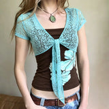 Pbong  Women's Chic Summer Lace Crop Top Light Blue Overlay Tie-Front Design Short Sleeve Two Pieces Design And Stylish Layered Looks