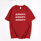 Fashion Red Amore Letter Print Summer T-shirts Cotton Short Sleeve Casual Summer Top 2025 New Loose Streetwear Women Tee