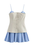 2025 New Vintage Stripe Patchwork Short Dress Fashion Pleated Slip Dress A-line Chic Single Breasted Summer Dress Vestidos