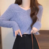 Fuzzy Knit Wrap Front Top Women Long Sleeve Criss-Cross Fluffy Sweater Fitted Crop Top Pullover Ladies Autumn Winter Y2K Outfit