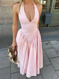 Women Sweet Pink Plaid Print Pleated A-line Dress Sexy Backless V-neck Lace-up Halter Dresses 2025 New Evening Party Club Robes
