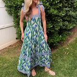 Pbong  Women Cottage Boho Maxi Dress Floral Tie Shoulder Flowy Long Dress Summer Beach Square Neck Ruffle Tiered Sundress