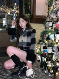Plaid Knitted Suit Woman Korean 2 Piece Dress Set Winter Vintage Fashion Tops Cardigan + Slim Bodycon Y2k Mini Skirt Chic
