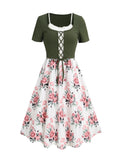 Colorblock Textured Lace Insert Floral Pattern Lace Up Vacation Faux Twinset Dress Short Sleeve High Waisted A Line 2 in Dress
