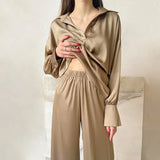 Pbong  Spring Women's Sleepwear Silky Satin 2PCS Pajamas Set Long Sleeve Shirt&Pant Nightwear Causal Trousers Suit Female Home Clothes