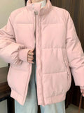 Preppy Style Sweet Pink Parkas Women Vintage Long Sleeve Winter Thick Warm Cotton Jacket Casual Stand Collar Loose Outwear