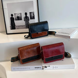 Retro Oil Pu Leather Contrasting Color Autumn Wide Shoulder Strap Single Shoulder Crossbody Small Square Bag for Women