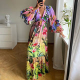 Summer New Women's Gradient Color Print Dress V-neck Sexy Slimming Lace Hemline Long Sleeve High Waist Street Style Elegant