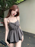 Streetwear Gyaru Tanks Sleeveless Plaid Patchwork Folds Summer Female Slim Tops All Match Fashion Vintage Women's Clothing