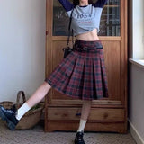 Women Pleated Plaid Skirt Vintage Preppy Style Mid Length Skirt Harajuku Korean Fashion Retro Japanese Classic Basic