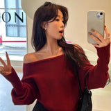 Pbong  Gentle One-Shoulder Lantern Sleeve Knitted Sweater Loose Fit Autumn Winter Fashion Single Wear Inner Match Versatile Shoulder