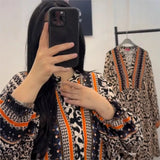 Pbong  Elegant Long Sleeve Loose Maxi Dress Women Autumn Fashion Print V-neck Long Dresses Casual