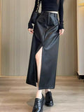 Sexy Slit Pu Long Skirt Women High Waist Slim Vintage Skirts Casual Fall Winter Lady Solid Retro American Streetwear Long Skirt