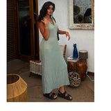 Fashionslim fit V-neck sleeveless long dress turn down collar tight green knitting summer dress simple casual female clothing