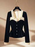 Pbong  Vintage Luxury Lace Long sleeve Velvet Top Women Elegant Ladies Sequin Tunic Shirt Female Office Party Wear Top Korean New