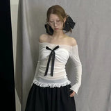 Slash Neck Korean Sexy High Street All Match Casual Shirts Front Pleated Bow Appliques Girl Tops Y2k Aesthetic Girl Clothing