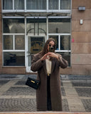 Women Elegant Shoulder Pad Wool Blend Overcoat Brown Lapel Single-breasted Long Sleeve Coat 2025 Autumn Lady Commuter Outerwear