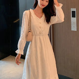 Elegant Hepburn Style Long Sleeve Dress Women's Waist Cinched Slimming High Waist A-Line Skirt Polyester Cotton Blend