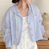 Pbong  Vertical Stripe Blouses for Women's Hooded Drawstring Shirts Casual Fashion Korean Long Sleeve Vintage Sun Protection Tops
