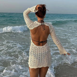 Pbong  Vintage Crochet Flower Hollow Out Dress Cover-Ups Chic Women Sexy Knit Backless Tie-up Mini Dress Summer Beach Holiday Bodycon