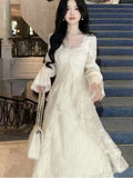 Women Elegant Solid Ruffles Fairy Dresses Korean Lace Patchwork Slim Waist A Line Dress Princess Party Vestidos Female Robe New