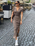 Knitted Women Bodycon Dress Sexy V-Neck Short Sleeve Split Long Dresses Autumn Black High Street Casual Party Vestidos