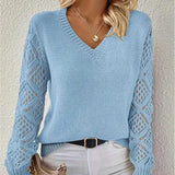 Long Sleeve Pointelle Knit Top Pullovers Women Sweater Openwork Long Sleeve V-neck Jumper Fall Winter Blusas Para Mujer Outfit