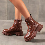Pbong  New Fashion Winter motorcycle Boots For Women Lace-up Mid-calf Boots Black White Winter Spring Pu Hiking Shoes