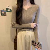 Pbong  French Style Slim Fit V Neck Knitwear Long Sleeve Womens Base Layer Black Sweater Autumn Winter Shirt