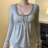Pbong  Sweet Korean Style Loose Fit Long Sleeve T-Shirt round Neck Striped A- Line Home Wear Slimming Girl's Fashion Top